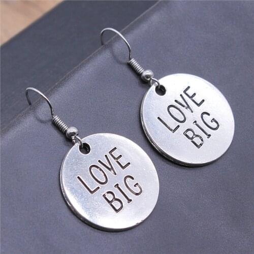 Vintage Antique Silver Color 25x25mm Love Big Round Plate Charms Dangle Earrings Drop Earrings For Women