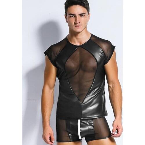 Stylish Men Faux Leather Mesh Clubwear Gay Enhancing Fetish Fishnet Lingerie Sex Punk O Collar Fishnet Vest Male Erotic Lingerie