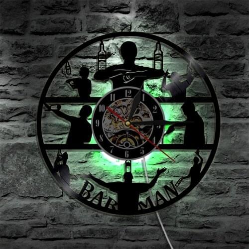 Barman Silhouette LED Backlight Modern Lighting Wall Light Bar Vinyl Record Wall Clock Wall Decor With Remote Controller