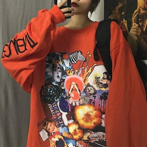 Houzhou Hip Hop Sweatshirt Women Autumn Fashion Korean Style Loose Hoodies Women Streetwear Harajuku Print Long Sleeve Tops