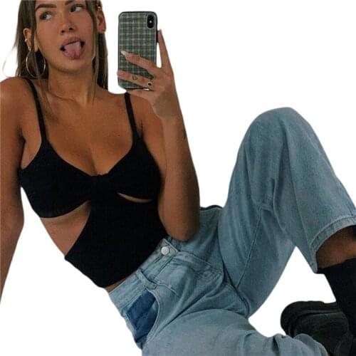 Xingqing Women Y2K Crop Top Sleeveless Camisole Cut-Out Hollow Tank Top Tees Strappy Top Sexy Slim Knitted Clothes 90s Shirt