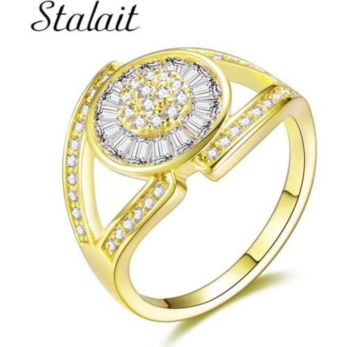 Gold Color Ring With Crystal Invisible Setting AAA Zircon Round Ring for Female Wedding Party Fashion Accessory