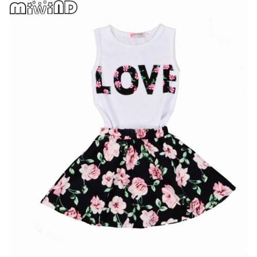 2016 Summer Girl Clothes Letter Love Flower Vest Short Skirt Kids Clothes Suits Children Clothing Girls Clothing Sets