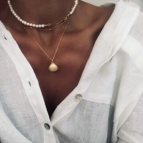 3 Pcs/Set Personality Shell Pearl Necklaces Set Women Fashion Bead Chain Pendant Gold Long Necklace Exquisite Lady Jewelry Gift