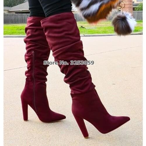 ALMUDENA Women Burgundy Suede Chunky Heel Knee High Boots Pointed Toe Folded Zipper Long Boots Concise Thick Heel Shoes Pumps