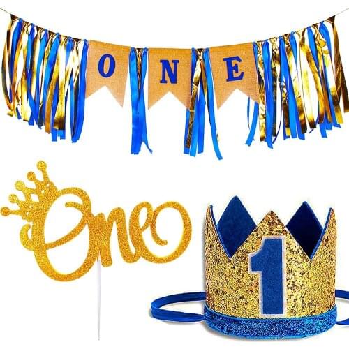 2/1Year First Happy Birthday Pink Blue Banner Decoration 1st Baby Boy Girl One Year Party Cake Topper Decor Baby Shower Supplies