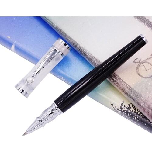Fuliwen Celluloid Rollerball Pen with Refill , Black Barrel & Snowy Cap Fashion Writing Pen Business Office Home School Supplies