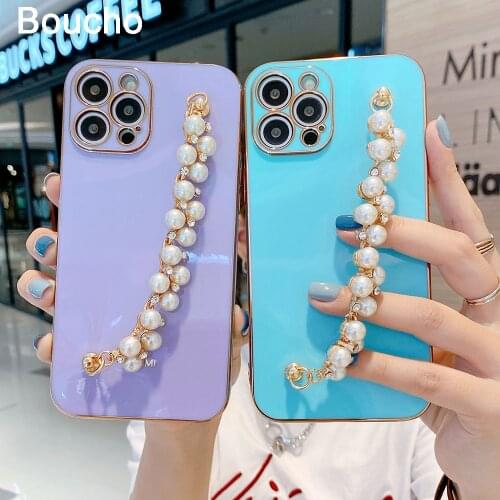 For iPhone 12 Pro Max Case With Pearl Diamond Bracelet Chain Electroplated Phone Case For iPhone 11 Pro XS Max XR 7 8 Plus X