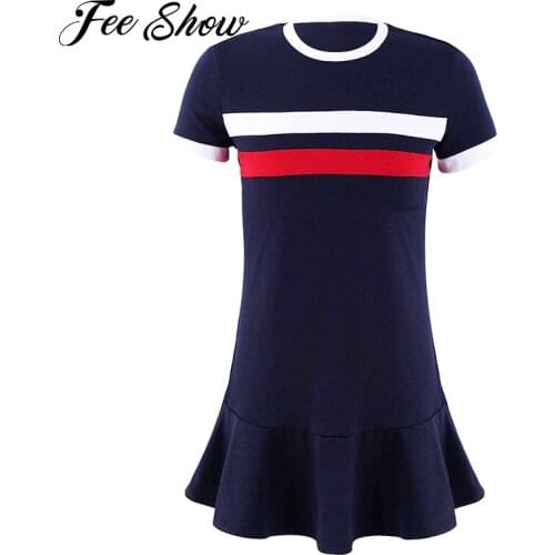 Kids Girls Tennis Dresses Sportswear Casual Sport Dress Breathable Short Sleeves Color Contrast Ruffle Hem Mini Dress Playwear