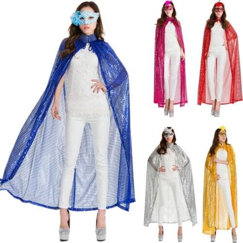 Adult Maxi Long Paillette Cosplay Cape Halloween Christmas Party Glitter Sequins Cloak See-Through Carnivals Costume