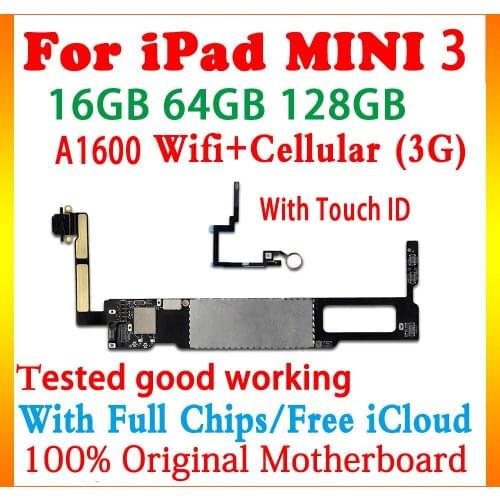 A1600 WIFI Cellular 3G Version for ipad mini 3 mini3 motherboard Without / with touch ID for ipad mini 3 logic board Free iCloud