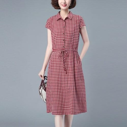 2021 New Summer Women Plaid Dresses Ladies Cotton Dress Female Short Sleeve Dress Lady Casual Turn-down Collar Robes B213