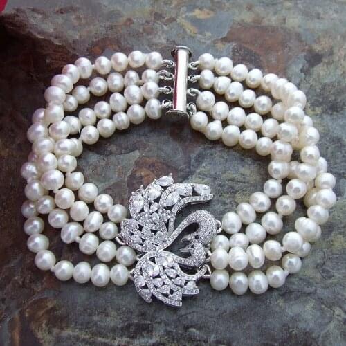 New Natural Freshwater White Pearl Bracelet 8" 4 Strands CZ connector