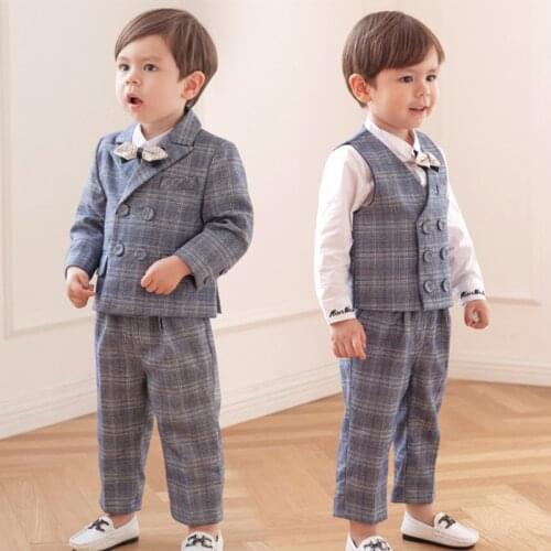2021 New Formal Childrens Dress Suit Flower Boys Wedding Birthday Party Clothes Sets Kids Boys Blazer Vest Pants Bow Suits