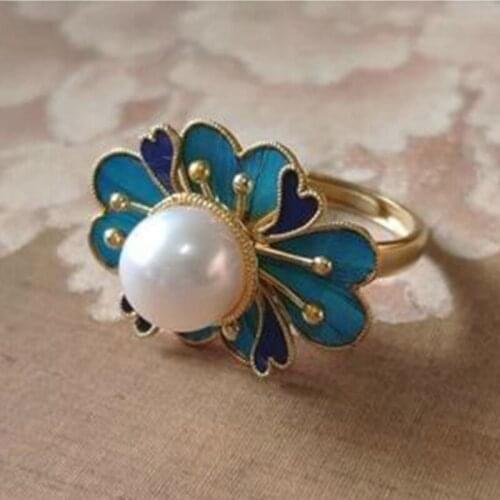 Original Design Enamel Porcelain Begonia Pearl Open Ring Chinese Retro Palace Style Light Luxury Charm Womens Silver Jewelry