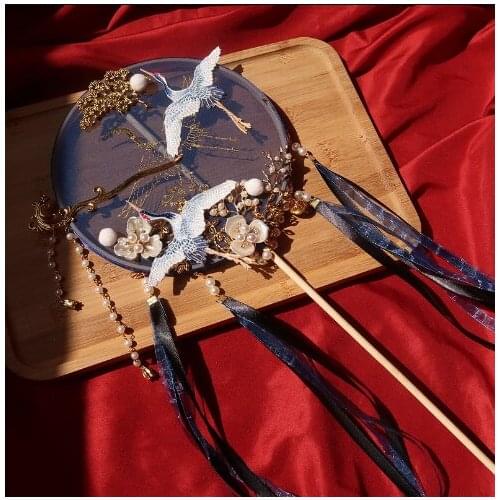 Original long-handled group fan ancient wind crane bronzing tassel Hanfu ancient costume palace fan bamboo fan finished Chines A