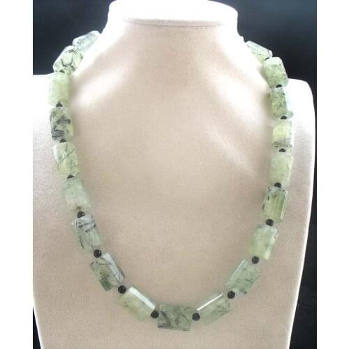 Green prehnite faceted pillar black agate necklace 19inch wholesale beads nature FPPJ woman 2017