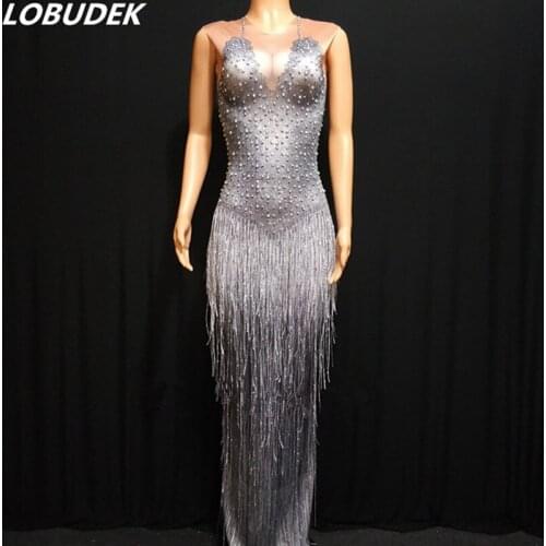 Sexy Gray Tassels Crystals Pearls Long Dress Women Birthday Party Elastic Skinny Dress Evening Performance Formal Stage Costumes