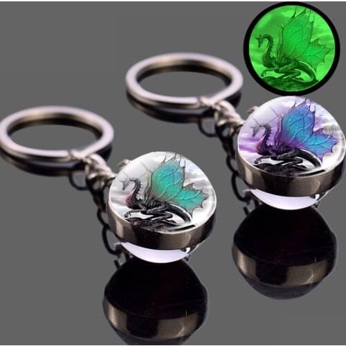Luminous Glass Ball Key Chain Glow In The Dark Dragon Keychain Steampunk Glass Cabochon Keyring Handmade Gifts for Men Women
