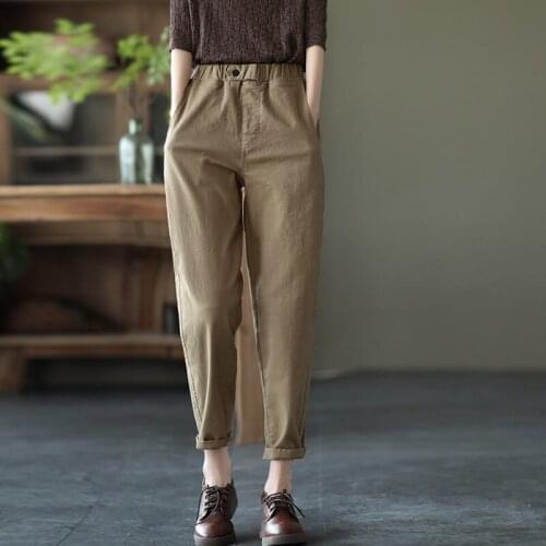 2021 Autumn Retro Cotton Casual Pant Womens Solid Color Elastic Waist Harem Pants Ladies Plus Size 4XL Nine-point Pants e451