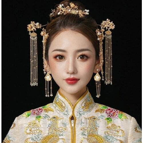 Xiuhe headdress bride 2021 new simple atmosphere Chinese Golden Phoenix crown wedding Xiuhe suit round face hair ornament
