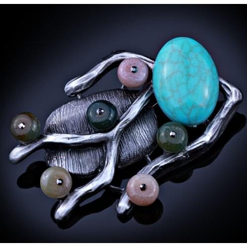 FARLENA Jewelry Handmade Natural Stone Beads Bouquet Brooches for women Dress Accessory Vintage Black Gun Plated Brooch Pins