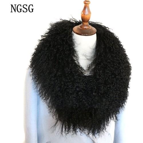 NGSG Women Real Fur Collar Solid Black Natural Genuine Mongolian Sheep Wool Fur Scarf Coat Collar Winter Customize Multicolors
