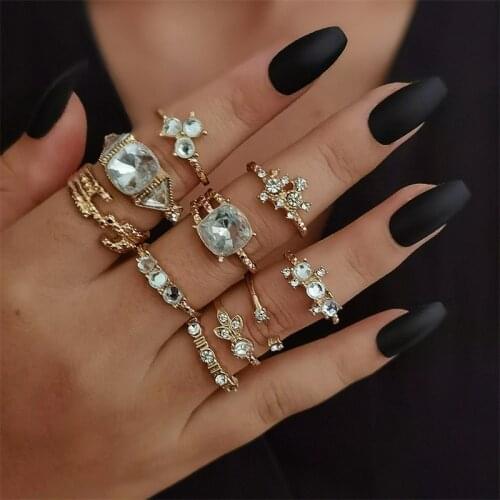 10 Pcs/Set Women Fashion Rings Set Gold Color Geometric Leaf Crystal Finger Ring Bohemian Retro Beach Party Jewelry