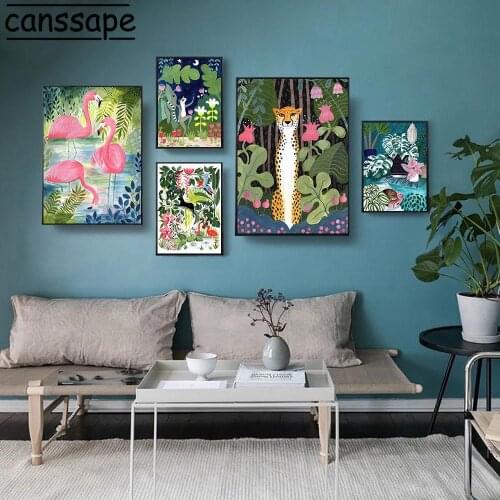 Abstract Posters Tropical Plants Prints Woodland Animals Poster Leopard Flamingo Paintings Nordic Pictures Wall Painting Decor
