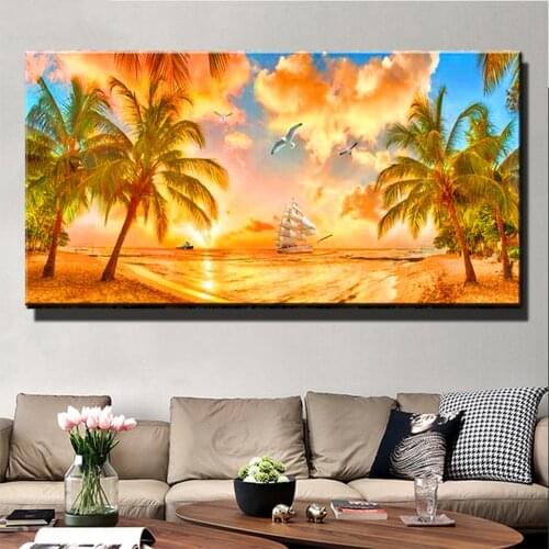 5d Diy Diamond Painting Sunrise sea Landscape coconut tree Full Sqaure Round Drill Cross Stitch Embroidery Rhinestone Mosaic X98