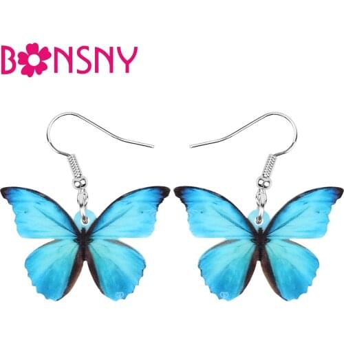 Bonsny Acrylic Blue Morpho Butterfly Earrings Big Printing Animal Dangle Drop Jewelry For Women Girls Lady Novelty Spring Gift