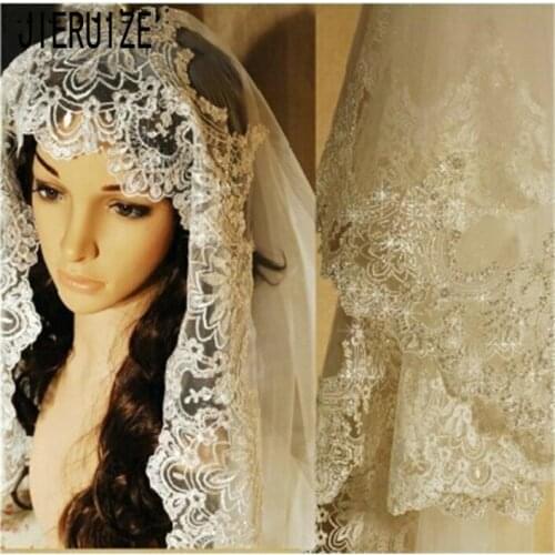 JIERUIZE Shiny Long Bridal Veil With Crystals Lace Sequins 2 Layer Wedding Accessories For Bride