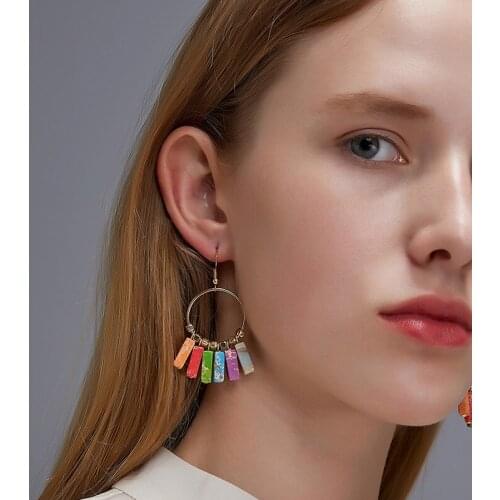 Bohemian Earings Geometric Earring Chakra Colorful Natural Stone Tassel Drop Dangle Earrings for Women Female Ethnic Jewelry