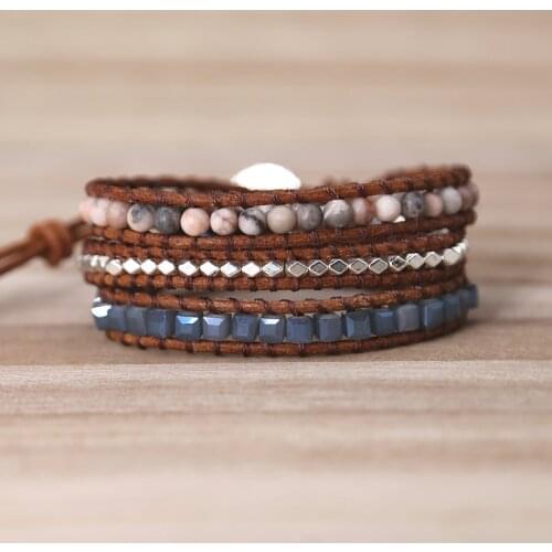 Drop Shipping Triple Leather Wrap Bracelet for Women Fancy Stone Handmade Multilayer Mala Beads Leather Jewelry Womans Fashion