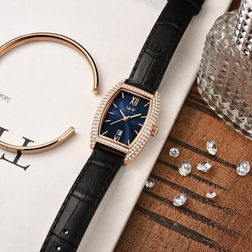 I&W Fashion Blue Womens watches Top Brand Luxury Tonneau Swiss Quartz Movement Diamond Watch Women Sapphire Leather Reloj Mujer