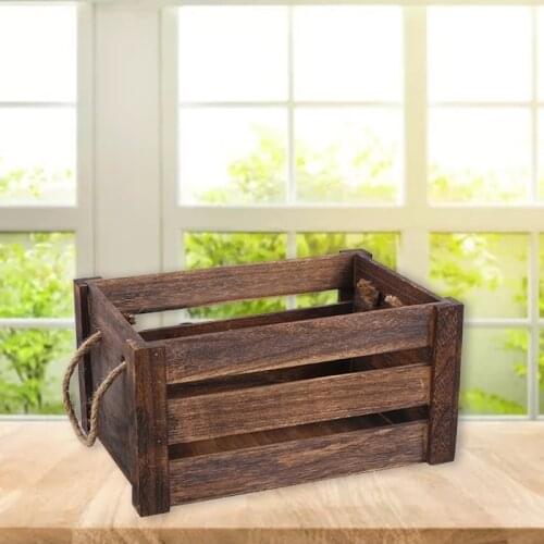 D08D Wooden Rectangular Storage Basket with Rope Handle Rustic Hollow Crates Bin Box