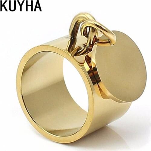 Engravable Wide Rings Gold Plain Band Midi Finger Ring with Round Blank Laser Name Metal Charm Tag Bague