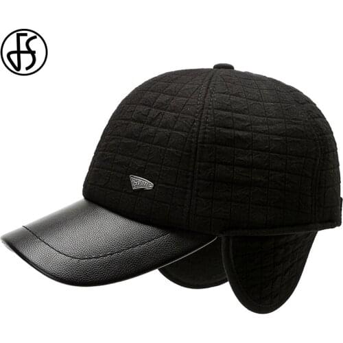 FS 2021 High Quality PU Felt Baseball Cap With Ear Flap Ear Protection Winter Hats For Women Men Black Plaid Grandpa Dad Hat