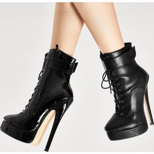 Jialuowei Ankle Strap Boots Women 18cm/7inch High Thin Heel Platform Boots PU Leather Shoes Lace-up Ladies sexy fetish boots