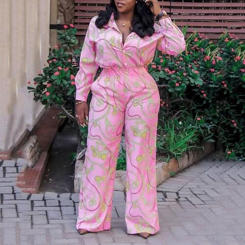 4XL 5XL Plus Size Jumpsuits and Rompers For Women Large Pink Printed Single Breasted Full Sleeve High Waist Elegant Jumpsuit New
