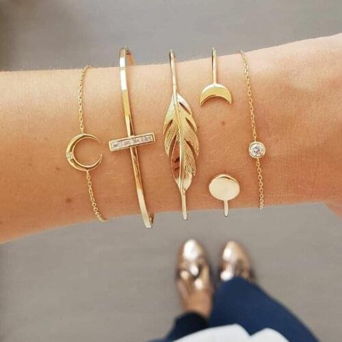 XIYANIKE 5Pcs/Set Fashion Punk Gold Chain Moon Leaf Crystal Geometry Open Bracelet Set Women Charm Beach Jewelry Party Gift B27