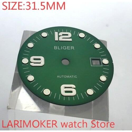 Bliger sterile 31.5mm square dial date kit ETA 2824/2836 Miyota 8215/8205/821A movement mens watch night plate part green
