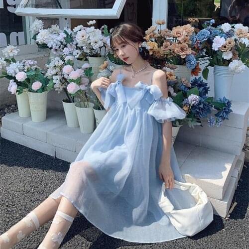 2021 Summer New Style Shoulder Strap Dress Fairy Dress Princess Puff Sleeve Sweet and Lovely Temperament Tide