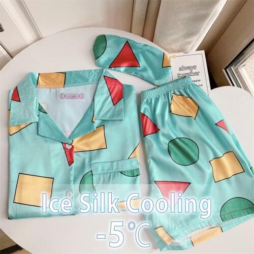 Pijamas Sin chan Set for Women ice silk pajamas cotton Sleepwear 2Pcs Nightwear Cute Print Homewear Summer Lounge Pyjamas