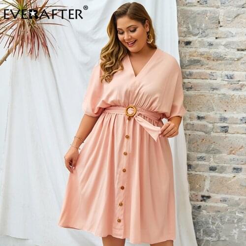 EVERAFTER Plus Size Solid V-neck Dress Women Sashes High waist Button Fmale Summer Dress Elegant Chic Pink Casual Midi Dresses