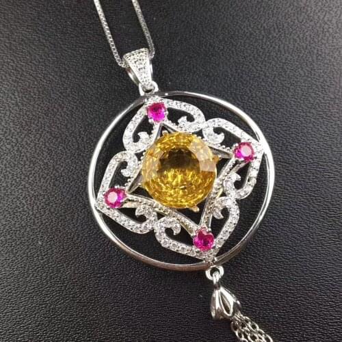Natural yellow crystal gem Pendant natural citrine pendant necklace S925 silver Retro round lucky Tassels girl party jewelery