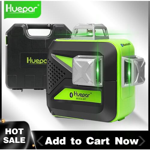 Huepar 3x360° Cross Lines 3D Bluetooth Connectivity Green Beam Self-Leveling Laser Level with Li-ion Battery & Hard Carry Case