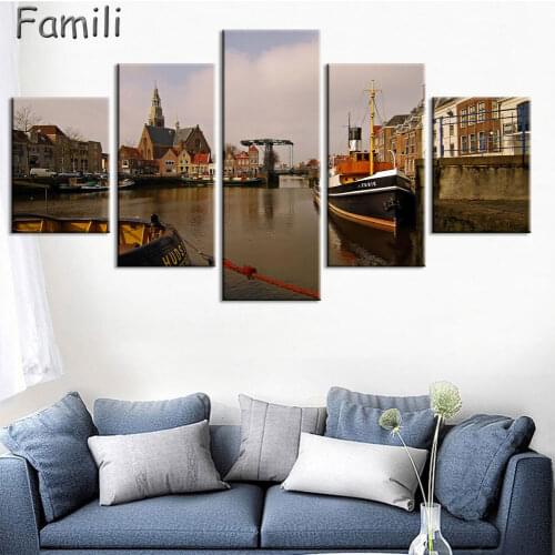 Nordic Decoration Modern Decorative Home Decor Picture 5 Piece Large Netherlands City Landscape Canvas Painting Pictures Modular