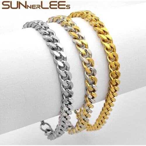 SUNNERLEES Fashion Jewelry Stainless Steel Bracelet 5mm~7mm Curb Cuban Link Chain Silver Color Gold Plated Mens Womens SC14 B