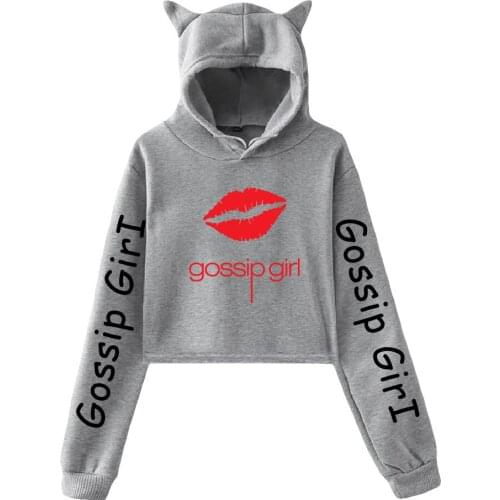 Gossip Girl Printed Cat Cropped Hoodies Women Long Sleeve Hooded Pullover Crop Tops Hot Sale Casual Harajuku Streetwear Clothes